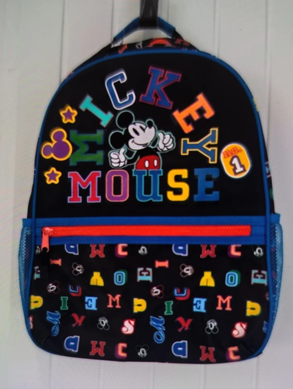 Disney Mickey Mouse Letters Backpack Black w Multicolor Letters 14x12x5 Aprox
